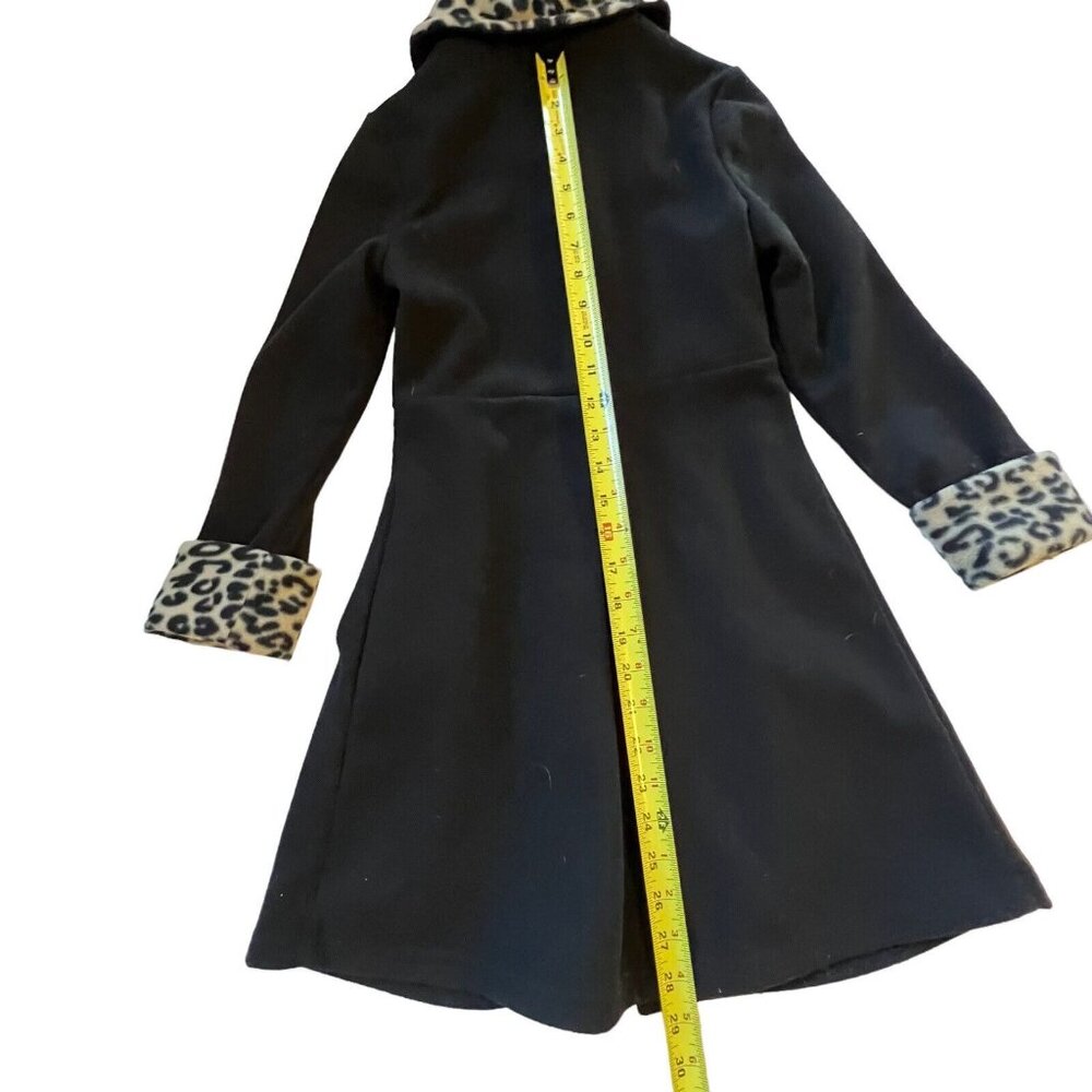 Vtg Copper Key Soft Black Coat Faux Fur Leopard Trim Size 7/8 Buttons Pockets - Picture 6 of 13